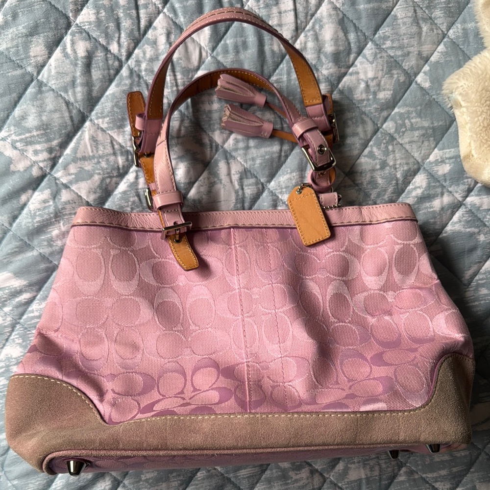 Coach Pink and Tan Signature Shoulder Bag